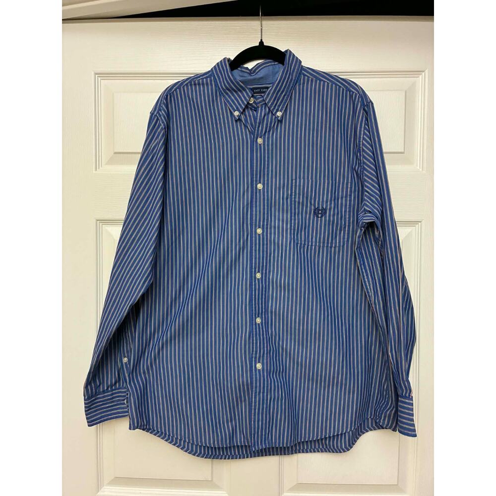 Chaps Easy Care Blue Stripe Button Down Shirt Long Sleeve Cotton Men's L